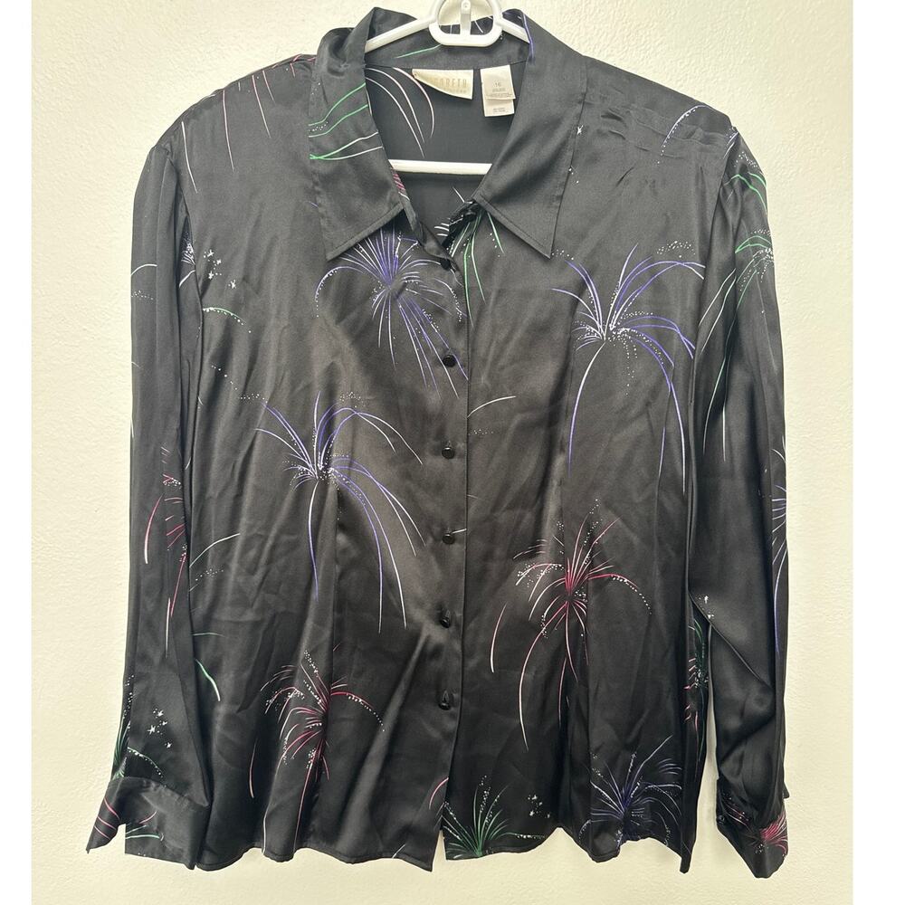 Liz Claiborne Elisabeth 100% Silk VTG Firework Print Button-Up Shirt Black 16